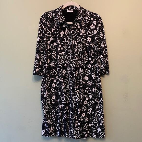 J Jill Jersey Knit Shirt Dress Women S Floral Black White Button Front Collard - Picture 1 of 12